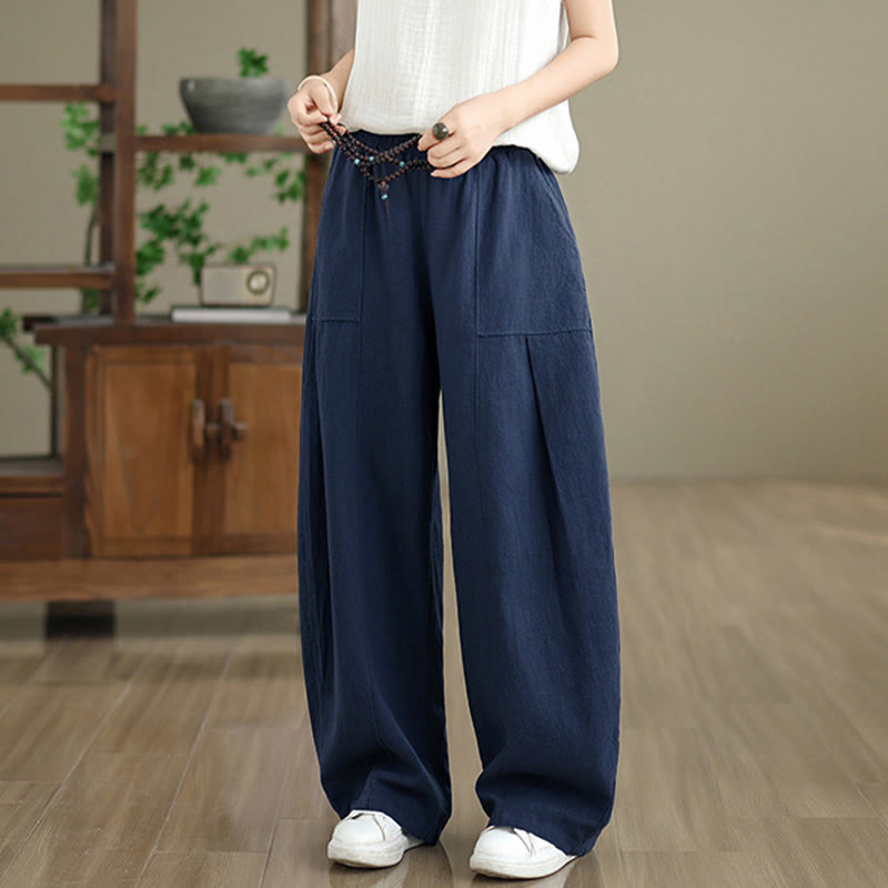 Buddha Stones Pantalones rectos de lino y algodón de color liso para mujer con bolsillos - image 19