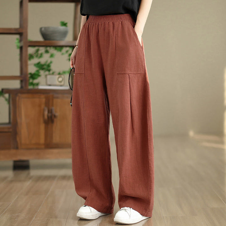 Buddha Stones Pantalones rectos de lino y algodón de color liso para mujer con bolsillos - image 11