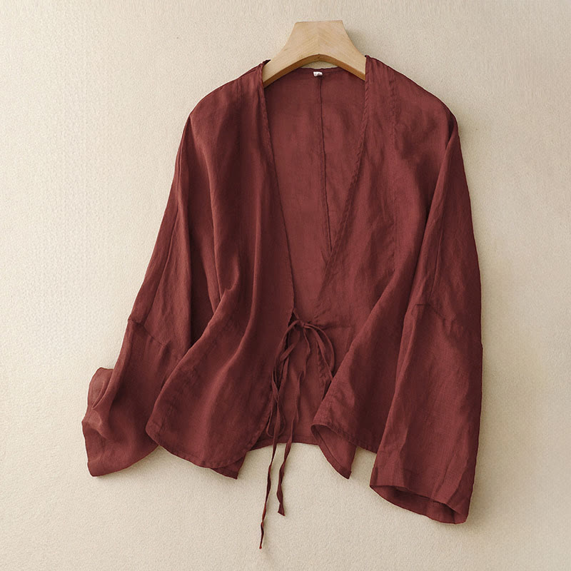 Buddha Stones Kimono de verano liso de manga larga con cordones y abertura frontal para mujer - Rojo oscuro - US12，UK/AU16，EU44 (XL) - image 0