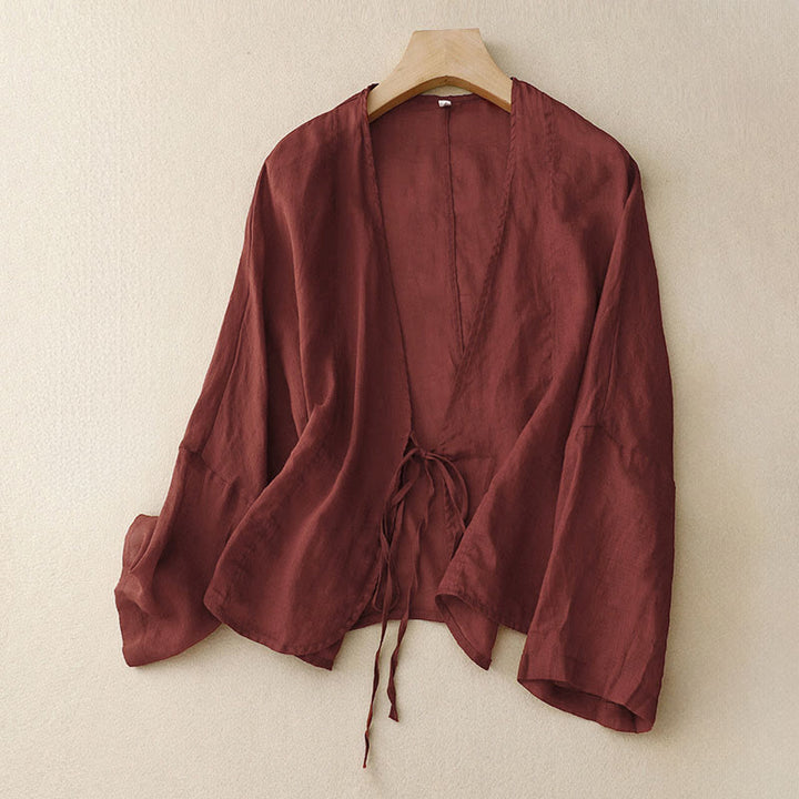 Buddha Stones Kimono de verano liso de manga larga con cordones y abertura frontal para mujer - Rojo oscuro - US12，UK/AU16，EU44 (XL) - image 0