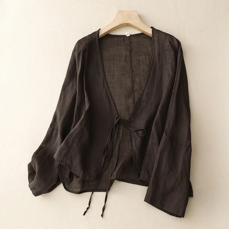 Buddha Stones Kimono de verano liso de manga larga con cordones y abertura frontal para mujer - SaddleBrown - US12，UK/AU16，EU44 (XL) - image 12