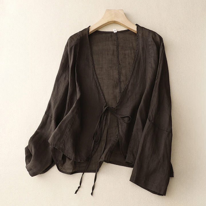 Buddha Stones Kimono de verano liso de manga larga con cordones y abertura frontal para mujer - SaddleBrown - US12，UK/AU16，EU44 (XL) - image 12