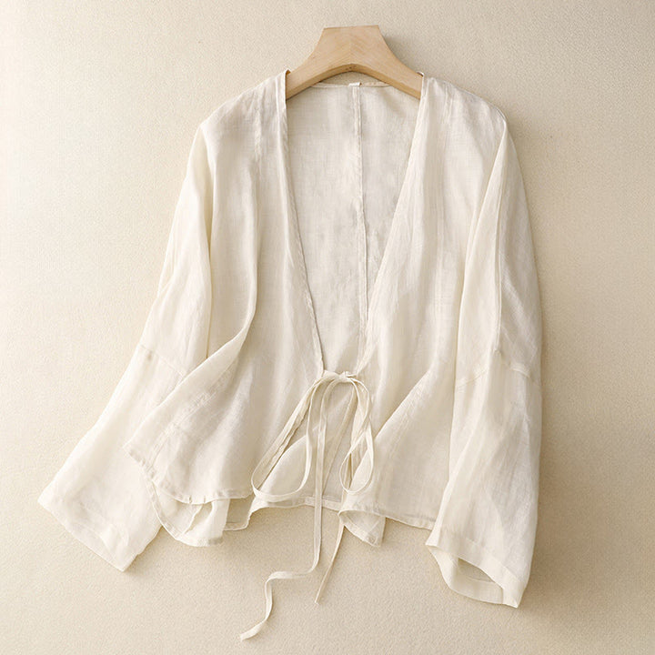 Buddha Stones Kimono de verano liso de manga larga con cordones y abertura frontal para mujer - Lino - US12，UK/AU16，EU44 (XL) - image 6
