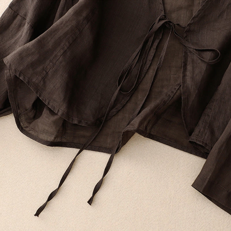 Buddha Stones Kimono de verano liso de manga larga con cordones y abertura frontal para mujer - image 15