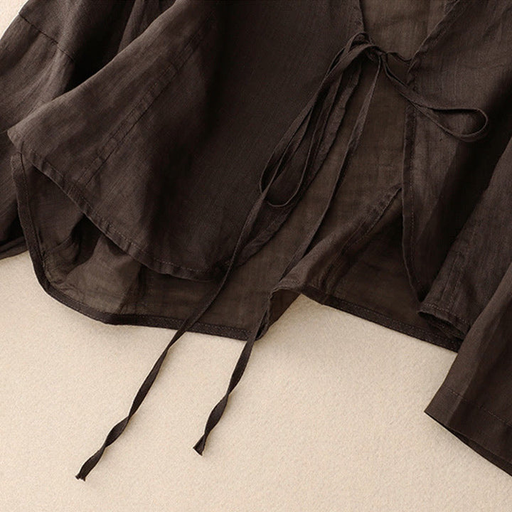 Buddha Stones Kimono de verano liso de manga larga con cordones y abertura frontal para mujer - image 15