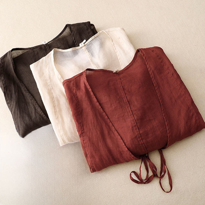 Buddha Stones Kimono de verano liso de manga larga con cordones y abertura frontal para mujer - image 18