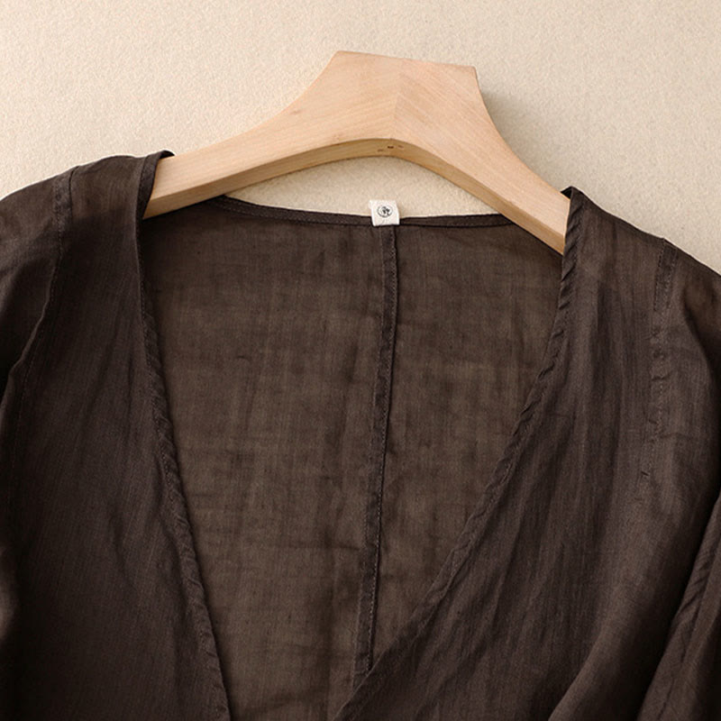 Buddha Stones Kimono de verano liso de manga larga con cordones y abertura frontal para mujer - image 13