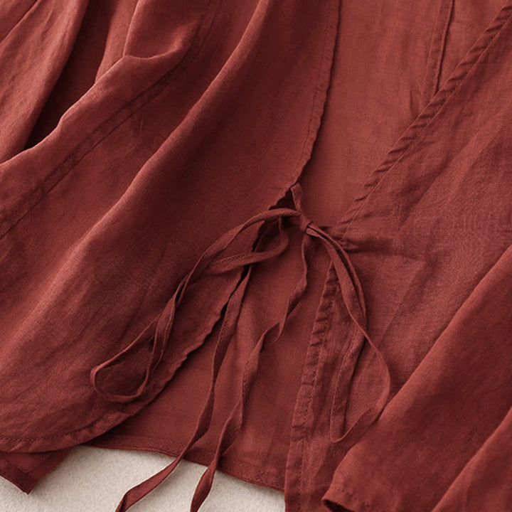 Buddha Stones Kimono de verano liso de manga larga con cordones y abertura frontal para mujer - image 2