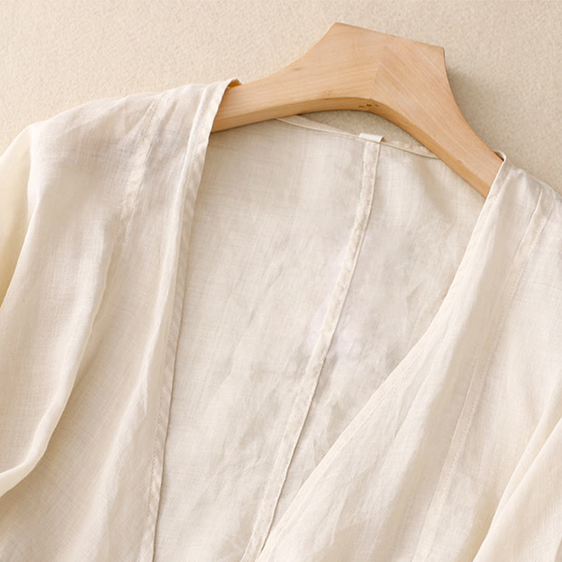 Buddha Stones Kimono de verano liso de manga larga con cordones y abertura frontal para mujer - image 7