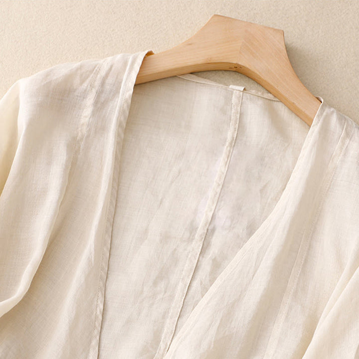 Buddha Stones Kimono de verano liso de manga larga con cordones y abertura frontal para mujer - image 7