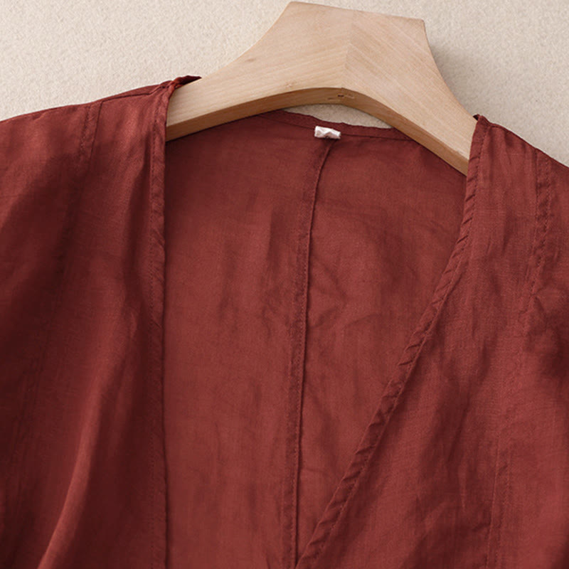 Buddha Stones Kimono de verano liso de manga larga con cordones y abertura frontal para mujer - image 1