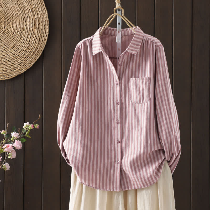 Buddha Stones Camisa de algodón con botones y bolsillo decorativo de manga larga con rayas verticales de primavera para mujer - Rosa claro - US8-10，UK/AU12-14，EU40-42 (2XL) - image 0