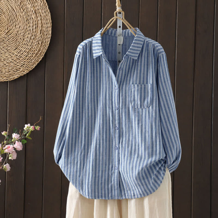 Buddha Stones Camisa de algodón con botones y bolsillo decorativo de manga larga con rayas verticales de primavera para mujer - Azul aciano - US8-10，UK/AU12-14，EU40-42 (2XL) - image 3