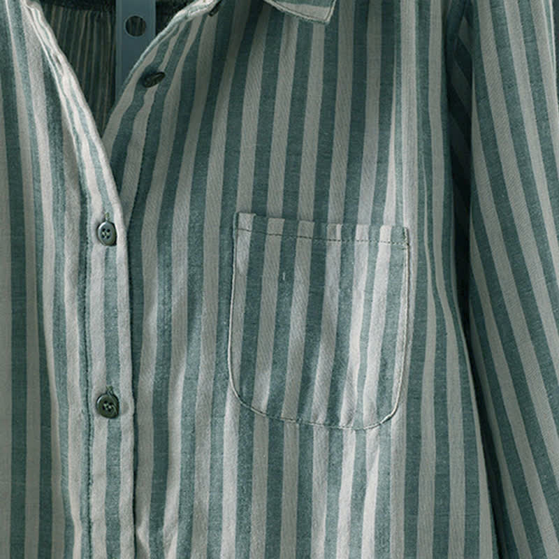 Buddha Stones Camisa de algodón con botones y bolsillo decorativo de manga larga con rayas verticales de primavera para mujer - image 6