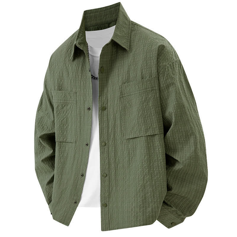 Buddha Stones Camisas de manga larga con solapa y botones para hombre, de color liso, texturizadas y con bolsillo, para primavera - Verde oliva - US/UK/AU46, UE56 (3XL) - image 10