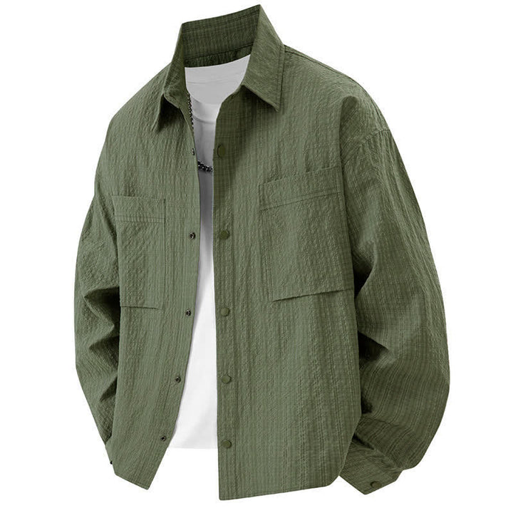 Buddha Stones Camisas de manga larga con solapa y botones para hombre, de color liso, texturizadas y con bolsillo, para primavera - Verde oliva - US/UK/AU46, UE56 (3XL) - image 10