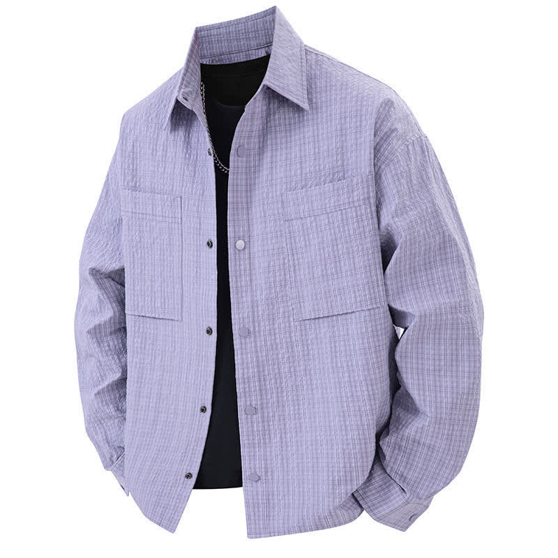 Buddha Stones Camisas de manga larga con solapa y botones para hombre, de color liso, texturizadas y con bolsillo, para primavera - Morado medio - US/UK/AU46, UE56 (3XL) - image 12