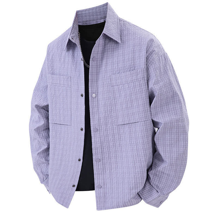 Buddha Stones Camisas de manga larga con solapa y botones para hombre, de color liso, texturizadas y con bolsillo, para primavera - Morado medio - US/UK/AU46, UE56 (3XL) - image 12