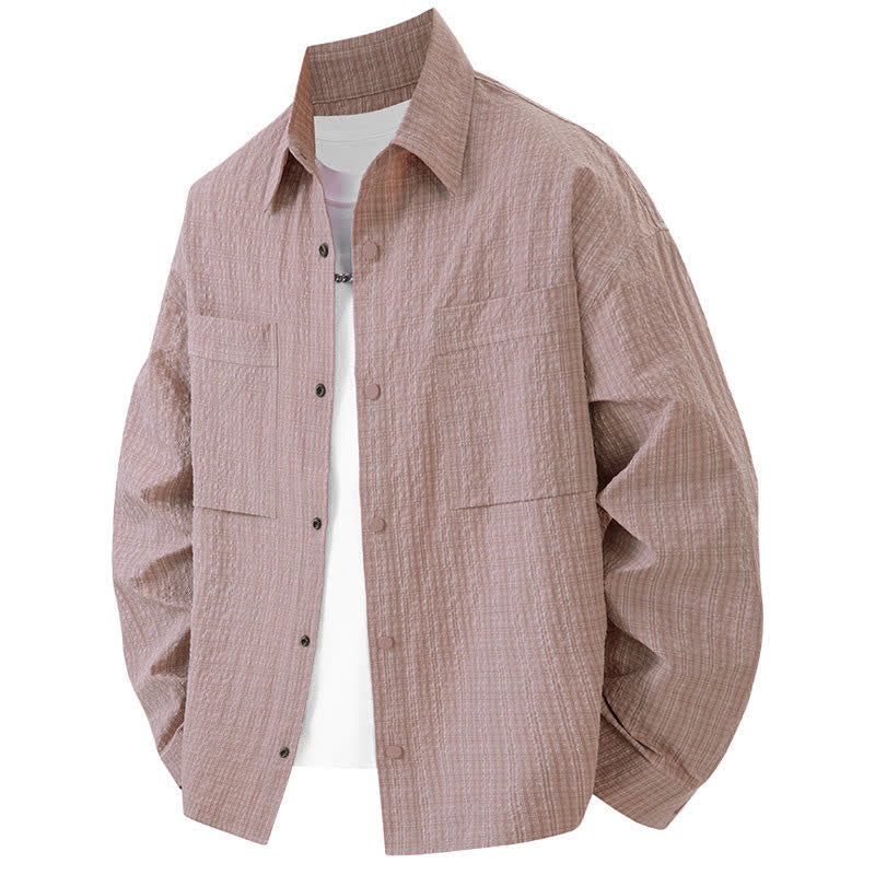 Buddha Stones Camisas de manga larga con solapa y botones para hombre, de color liso, texturizadas y con bolsillo, para primavera - Rosa claro - US/UK/AU46, UE56 (3XL) - image 0