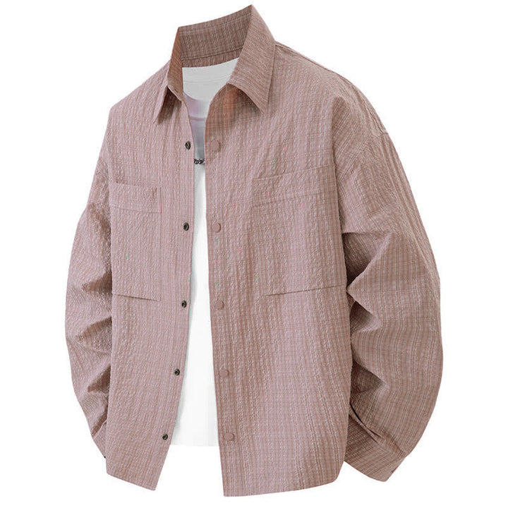 Buddha Stones Camisas de manga larga con solapa y botones para hombre, de color liso, texturizadas y con bolsillo, para primavera - Rosa claro - US/UK/AU46, UE56 (3XL) - image 0