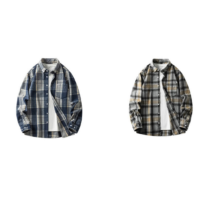 Buddha Stones Camisas de manga larga de algodón para hombre con botones a cuadros multicolor y bolsillo Commute - image 26