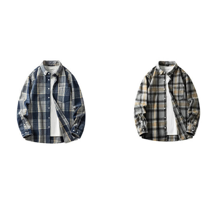 Buddha Stones Camisas de manga larga de algodón para hombre con botones a cuadros multicolor y bolsillo Commute - image 26