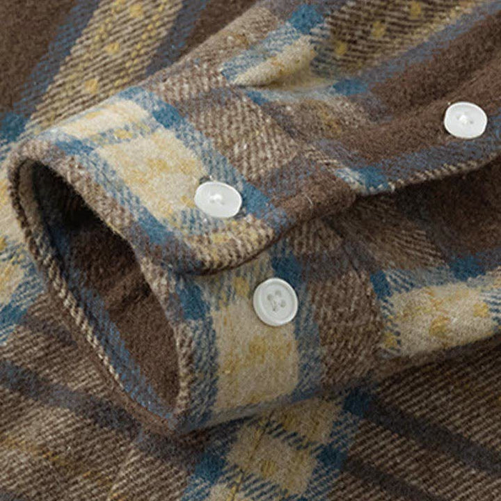 Buddha Stones Camisas de manga larga de algodón para hombre con botones a cuadros multicolor y bolsillo Commute - image 14