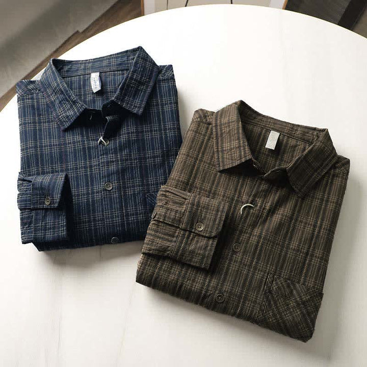 Buddha Stones Camisas de manga larga de algodón para hombre con estampado de cuadros bordados y bolsillo para el viaje de otoño - image 19