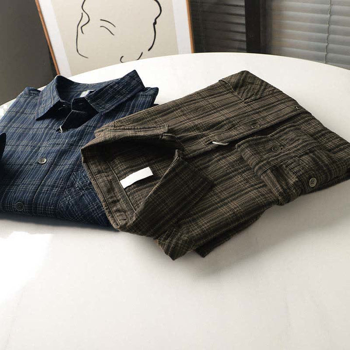 Buddha Stones Camisas de manga larga de algodón para hombre con estampado de cuadros bordados y bolsillo para el viaje de otoño - image 22