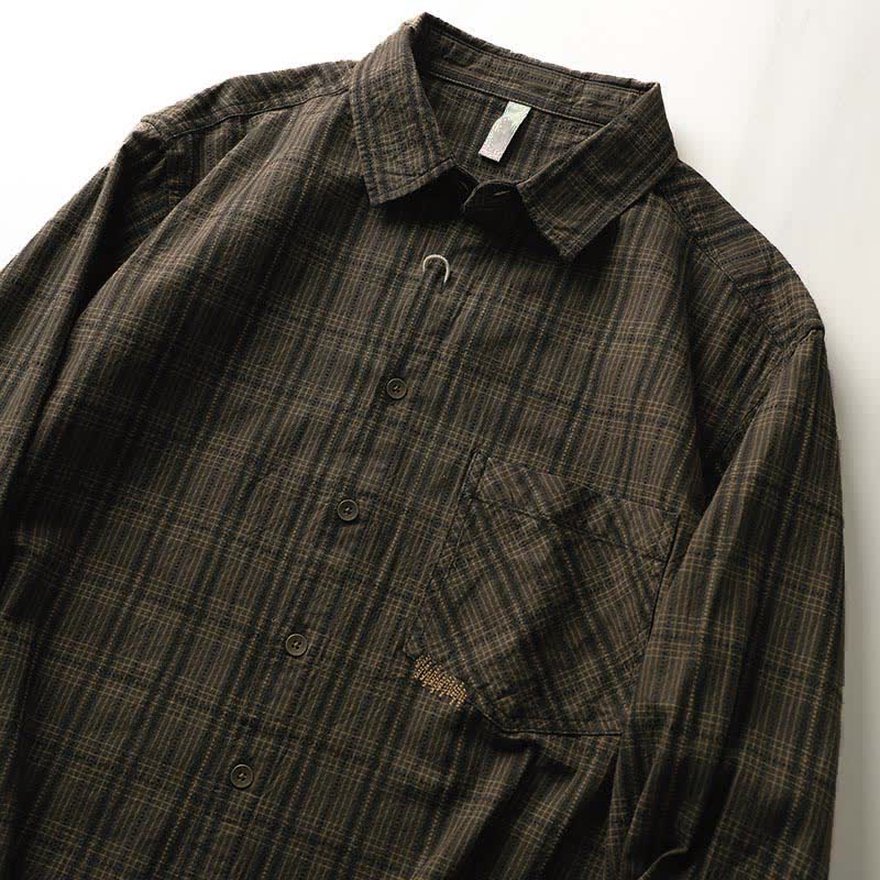 Buddha Stones Camisas de manga larga de algodón para hombre con estampado de cuadros bordados y bolsillo para el viaje de otoño - image 5