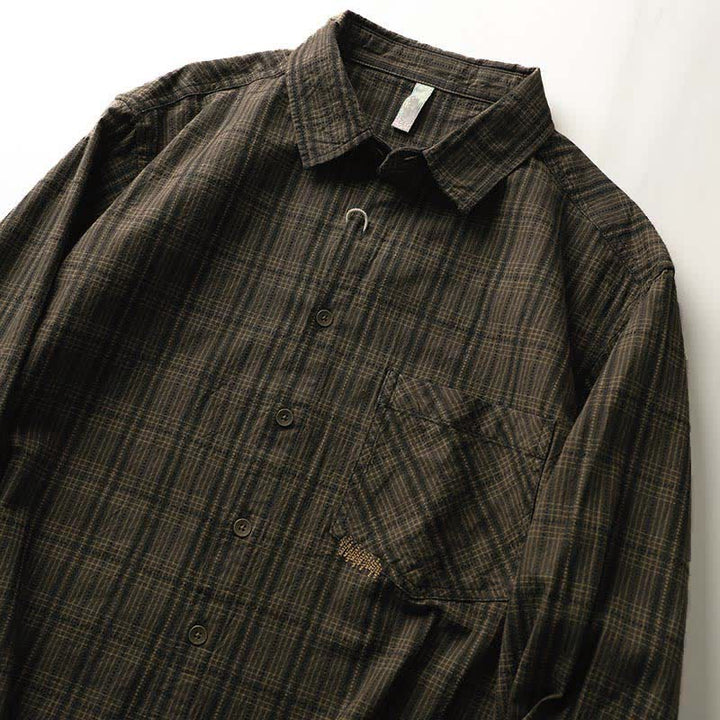Buddha Stones Camisas de manga larga de algodón para hombre con estampado de cuadros bordados y bolsillo para el viaje de otoño - image 5