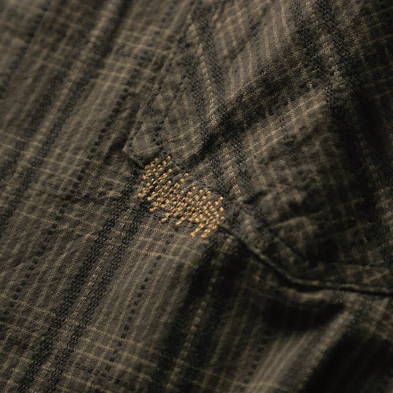 Buddha Stones Camisas de manga larga de algodón para hombre con estampado de cuadros bordados y bolsillo para el viaje de otoño - image 14