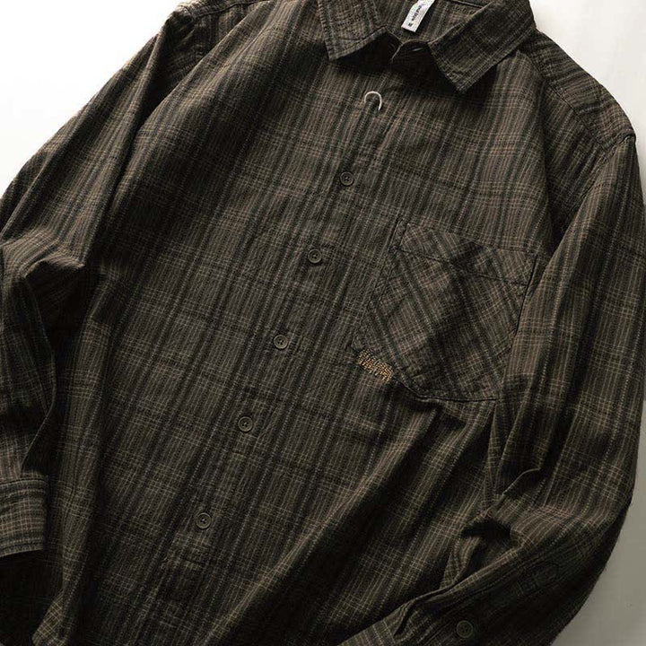 Buddha Stones Camisas de manga larga de algodón para hombre con estampado de cuadros bordados y bolsillo para el viaje de otoño - image 7