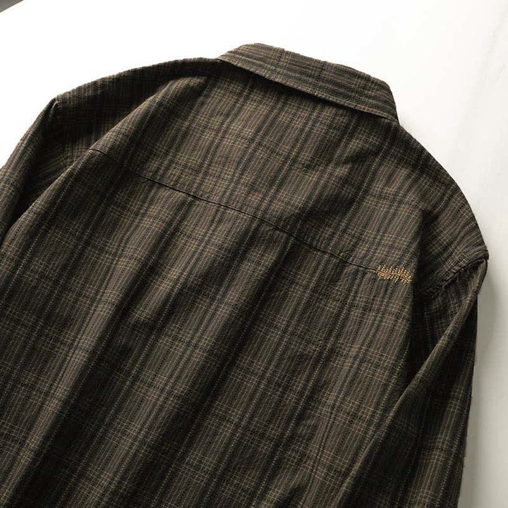 Buddha Stones Camisas de manga larga de algodón para hombre con estampado de cuadros bordados y bolsillo para el viaje de otoño - image 6