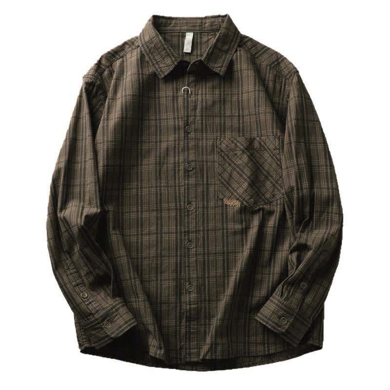 Buddha Stones Camisas de manga larga de algodón para hombre con estampado de cuadros bordados y bolsillo para el viaje de otoño - image 16