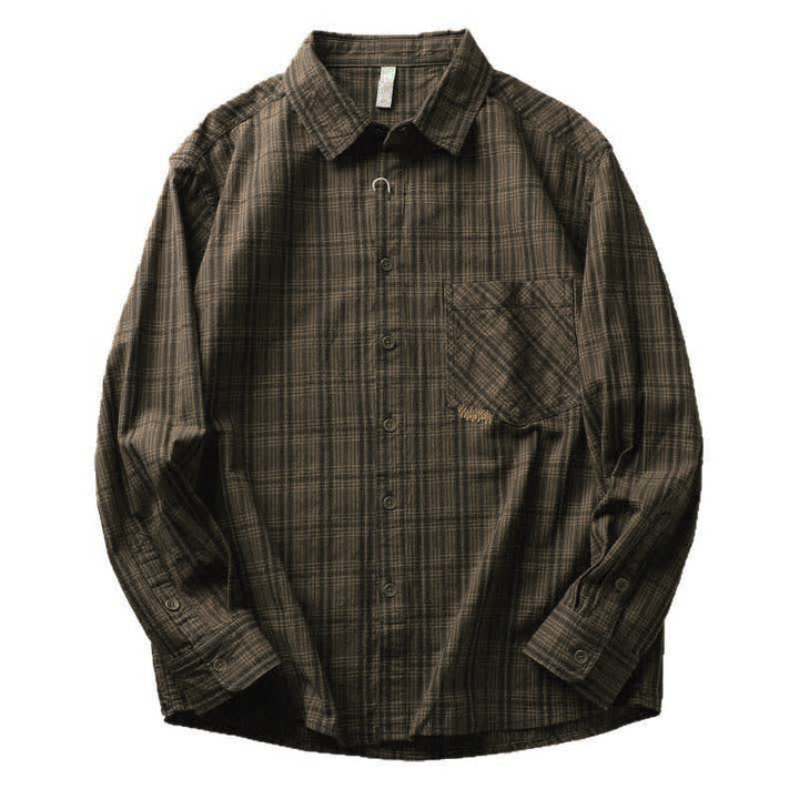 Buddha Stones Camisas de manga larga de algodón para hombre con estampado de cuadros bordados y bolsillo para el viaje de otoño - image 16