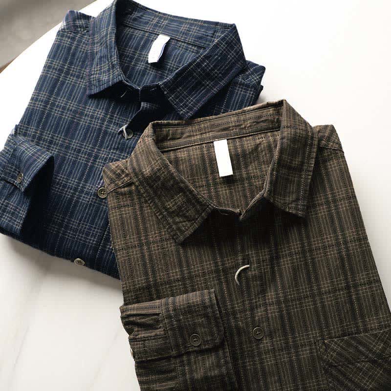 Buddha Stones Camisas de manga larga de algodón para hombre con estampado de cuadros bordados y bolsillo para el viaje de otoño - image 20