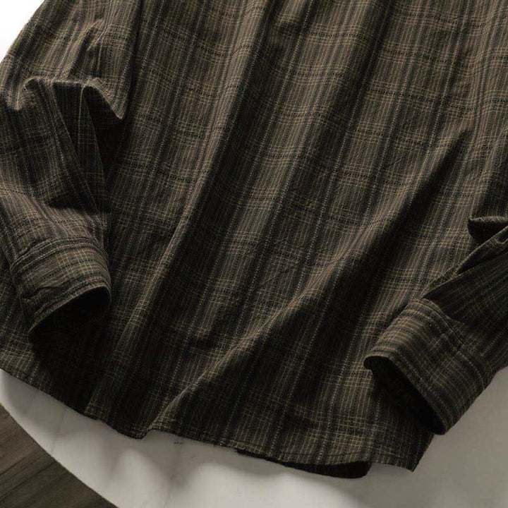 Buddha Stones Camisas de manga larga de algodón para hombre con estampado de cuadros bordados y bolsillo para el viaje de otoño - image 8