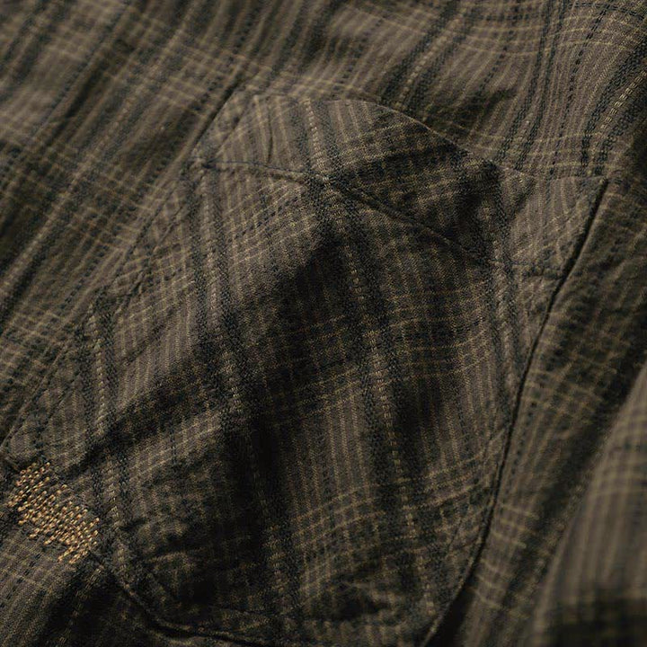 Buddha Stones Camisas de manga larga de algodón para hombre con estampado de cuadros bordados y bolsillo para el viaje de otoño - image 12