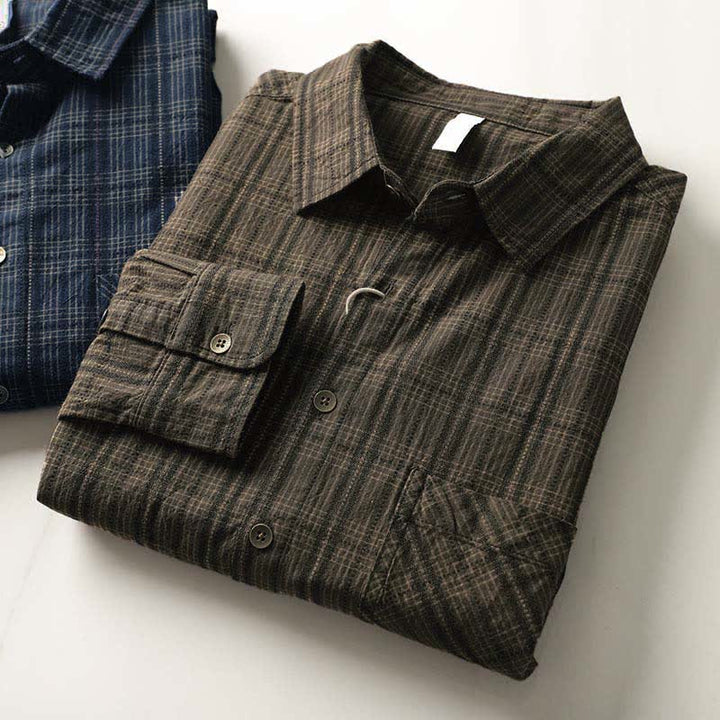 Buddha Stones Camisas de manga larga de algodón para hombre con estampado de cuadros bordados y bolsillo para el viaje de otoño - image 21