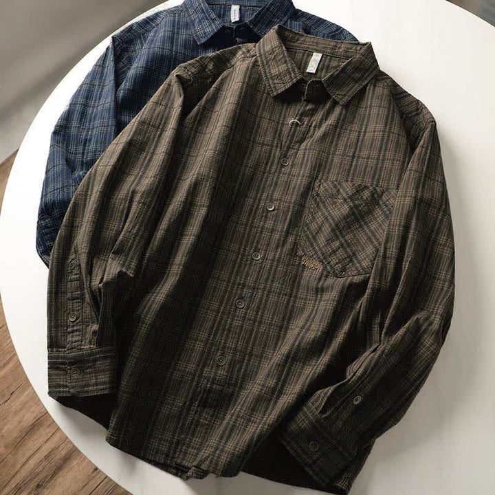 Buddha Stones Camisas de manga larga de algodón para hombre con estampado de cuadros bordados y bolsillo para el viaje de otoño - image 17