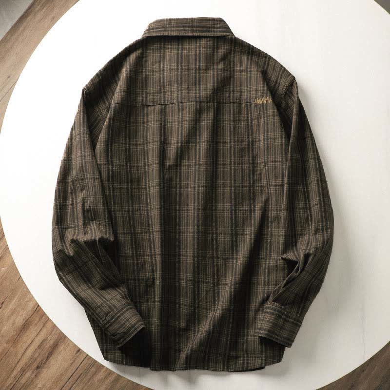 Buddha Stones Camisas de manga larga de algodón para hombre con estampado de cuadros bordados y bolsillo para el viaje de otoño - image 3