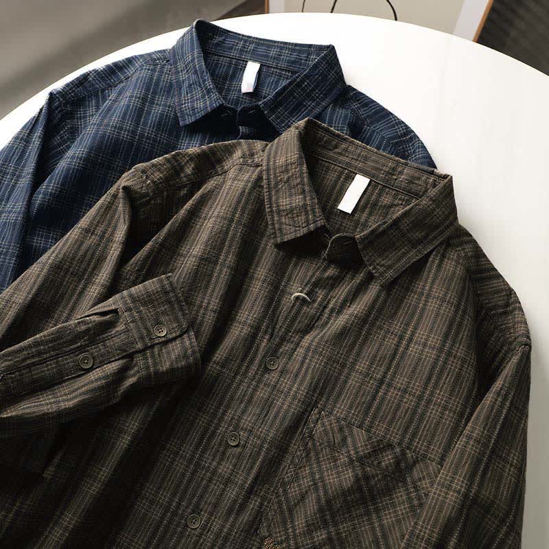Buddha Stones Camisas de manga larga de algodón para hombre con estampado de cuadros bordados y bolsillo para el viaje de otoño - image 18