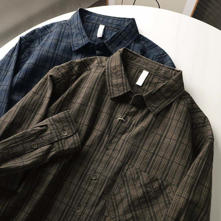 Buddha Stones Camisas de manga larga de algodón para hombre con estampado de cuadros bordados y bolsillo para el viaje de otoño - image 18