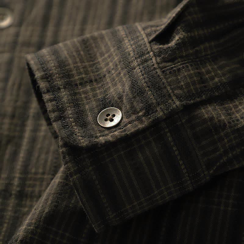 Buddha Stones Camisas de manga larga de algodón para hombre con estampado de cuadros bordados y bolsillo para el viaje de otoño - image 13