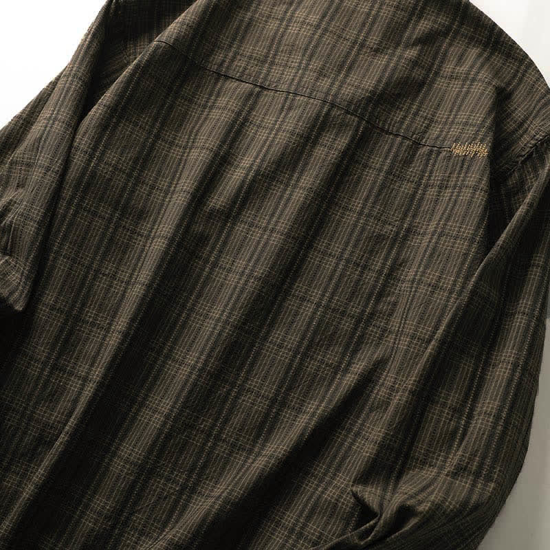 Buddha Stones Camisas de manga larga de algodón para hombre con estampado de cuadros bordados y bolsillo para el viaje de otoño - image 15