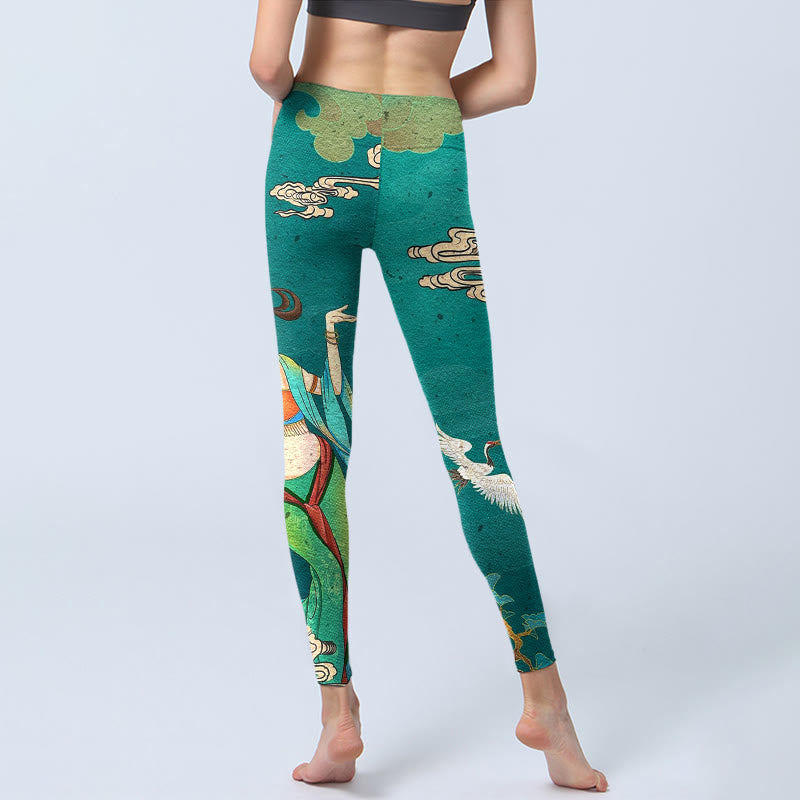 Buddha Stones Leggings de yoga para mujer con estampado de grullas de hadas, nubes y pinos - image 6