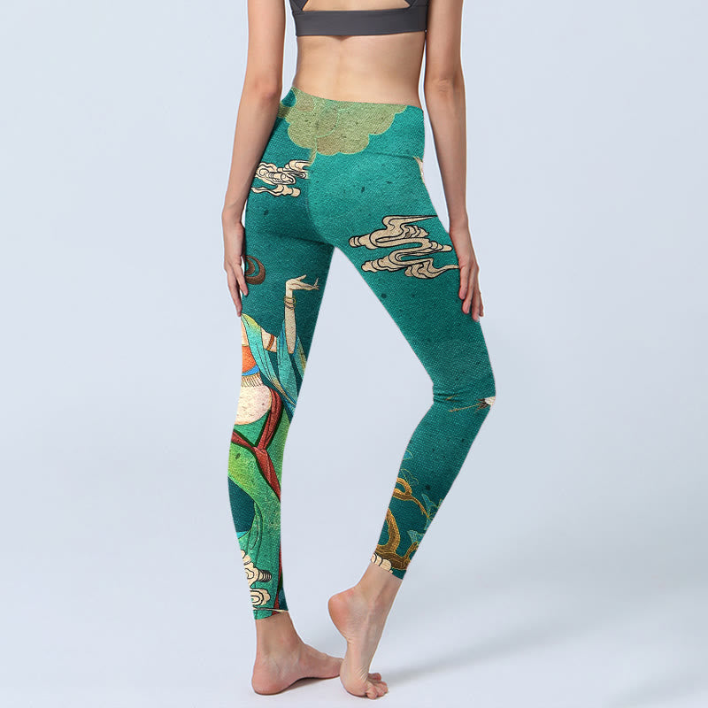 Buddha Stones Leggings de yoga para mujer con estampado de grullas de hadas, nubes y pinos - image 4