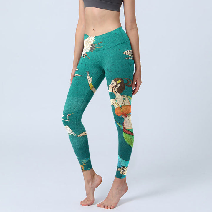 Buddha Stones Leggings de yoga para mujer con estampado de grullas de hadas, nubes y pinos - Verde mar claro - US18，UK/AU22，EU50 (4XL) - image 0
