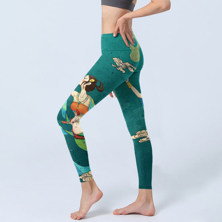 Buddha Stones Leggings de yoga para mujer con estampado de grullas de hadas, nubes y pinos - image 2